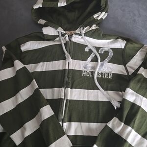 Hollister Green and White Striped Hoodie